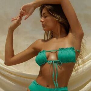 Free People x Toast Swim Green Fern Ruffle Bandeau Bikini Top XL NWT